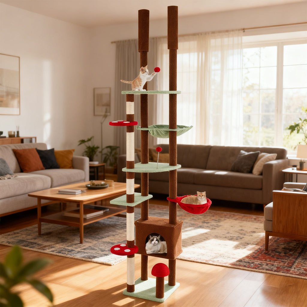 Floor-to-Ceiling Mushroom Cat Tree with Adjustable Height, Condo and Hammock – Brown