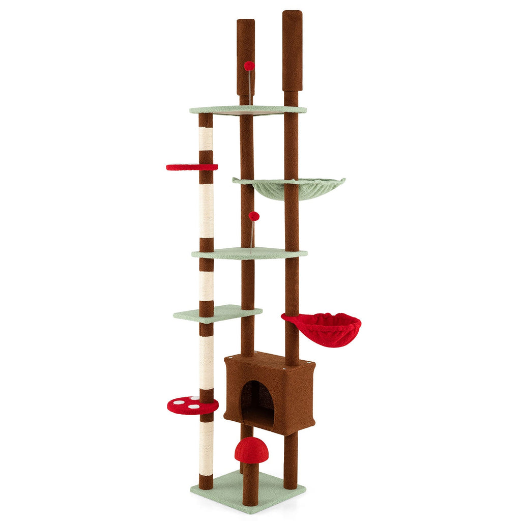 Floor-to-Ceiling Mushroom Cat Tree with Adjustable Height, Condo and Hammock – Brown