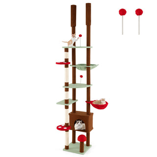 Floor-to-Ceiling Mushroom Cat Tree with Adjustable Height, Condo and Hammock – Brown