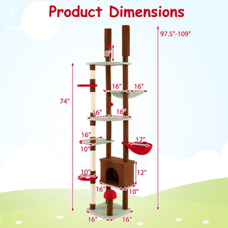 Floor-to-Ceiling Mushroom Cat Tree with Adjustable Height, Condo and Hammock – Brown