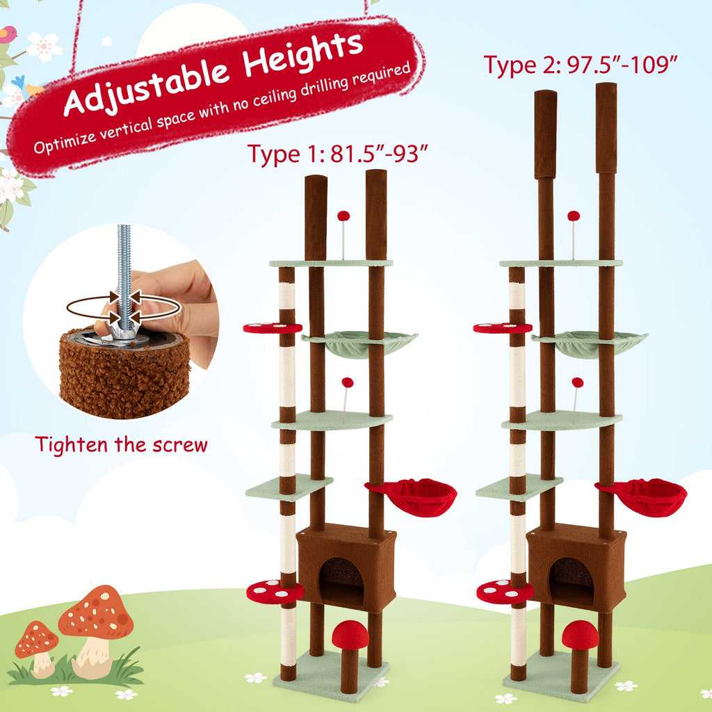 Floor-to-Ceiling Mushroom Cat Tree with Adjustable Height, Condo and Hammock – Brown