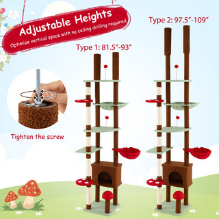 Floor-to-Ceiling Mushroom Cat Tree with Adjustable Height, Condo and Hammock – Brown