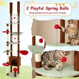 Floor-to-Ceiling Mushroom Cat Tree with Adjustable Height, Condo and Hammock – Brown