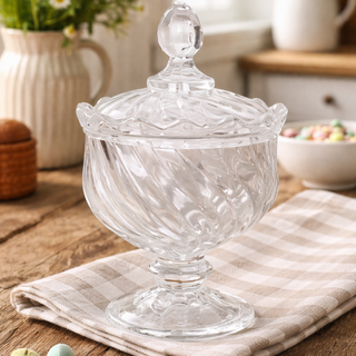 Vintage Swirl-Cut Glass Candy Jar with Lid