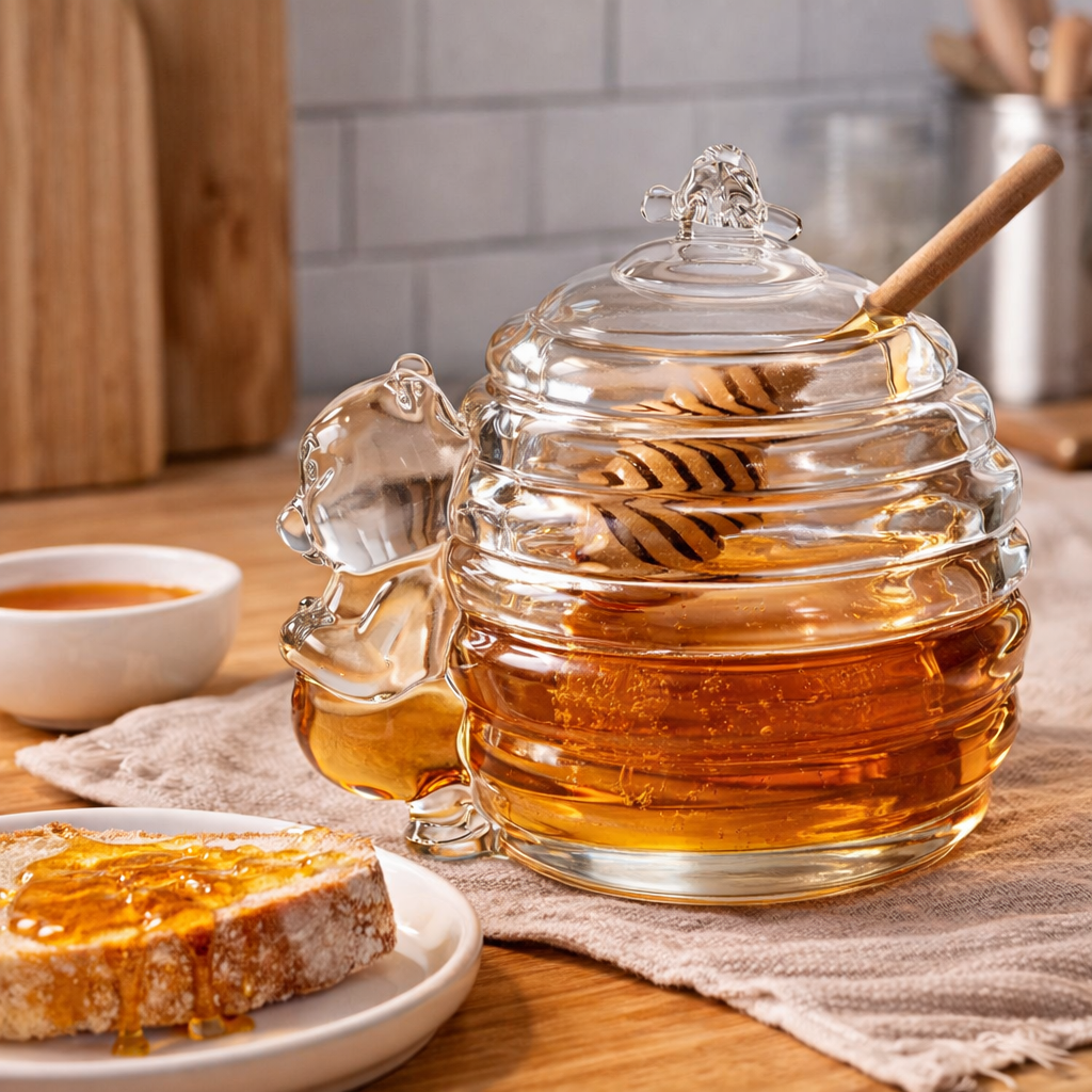 Vintage Glass Honey Jar with Bear Detail & Lid
