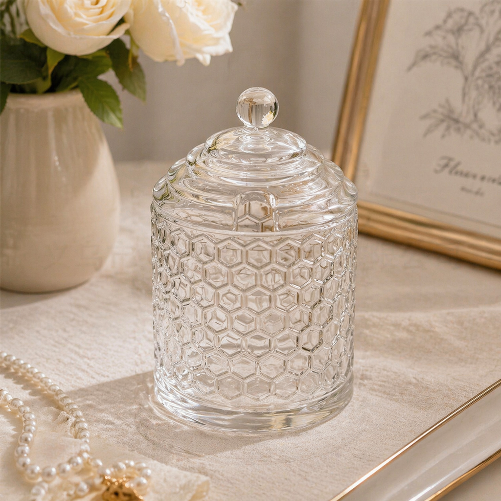 Vintage Honeycomb Glass Storage Jar with Lid