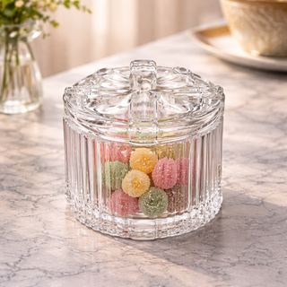 Vintage Ribbed Glass Sugar Cube Jar with Lid