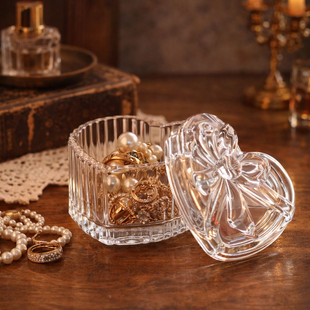 Vintage Ribbed Heart-Shaped Glass Trinket Box