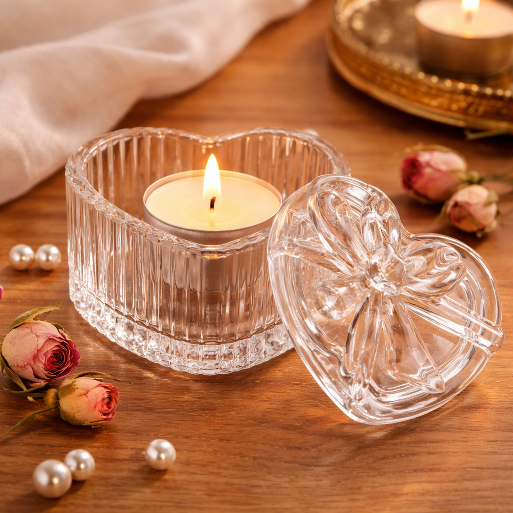 Vintage Ribbed Heart-Shaped Glass Trinket Box