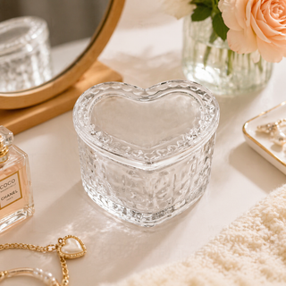 Vintage Ribbed Heart Glass Storage Box for Jewelry & Keepsakes
