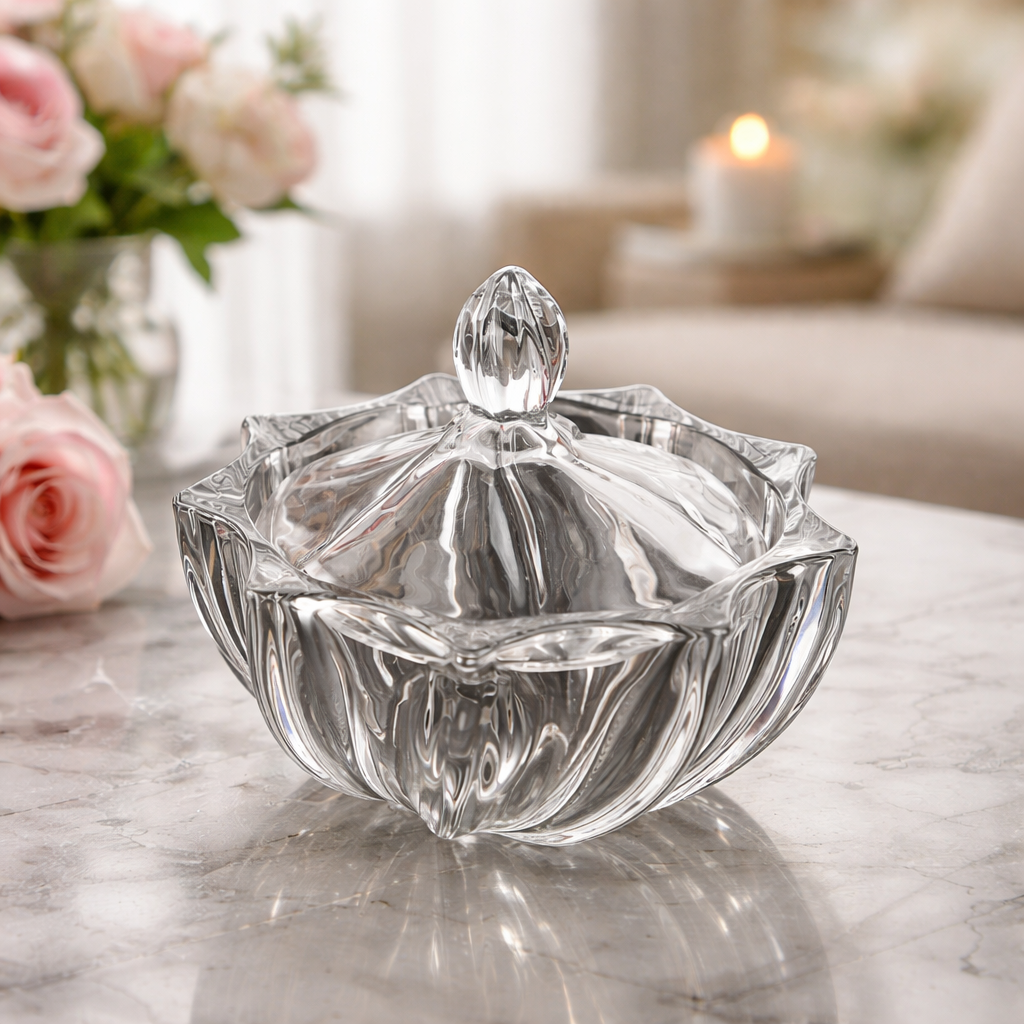 Vintage Petal-Shaped Glass Jar with Sculpted Lid