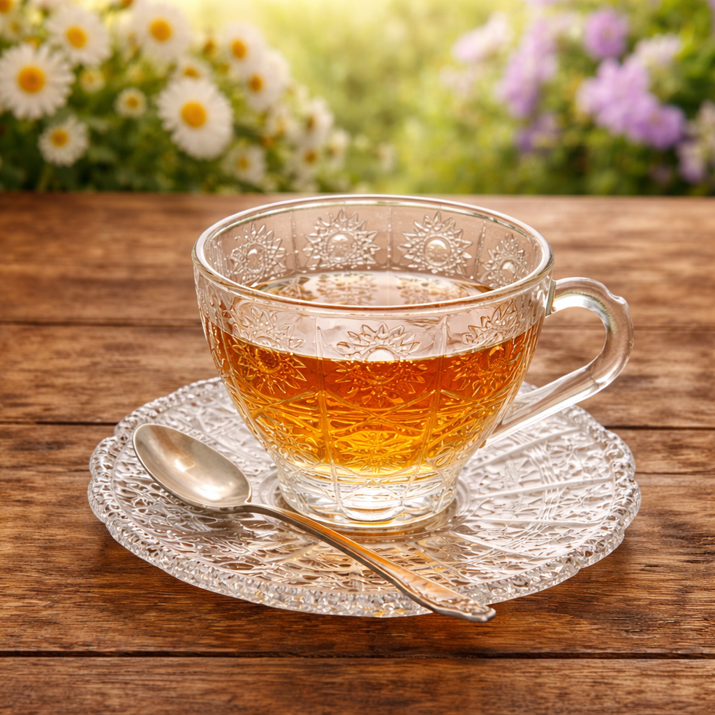 Vintage Embossed Floral Glass Teacup and Saucer Set