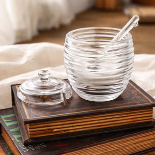 Vintage Ribbed Glass Honey Jar with Dipper