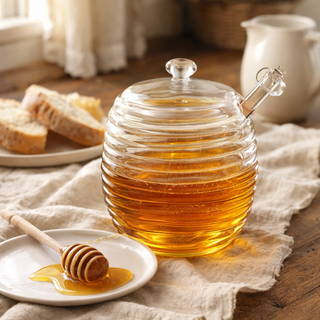 Vintage Ribbed Glass Honey Jar with Dipper