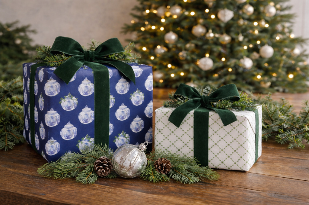 Reversible Navy Ginger Jar & Green Trellis Gift Wrap | Elegant Double-Sided Wrap