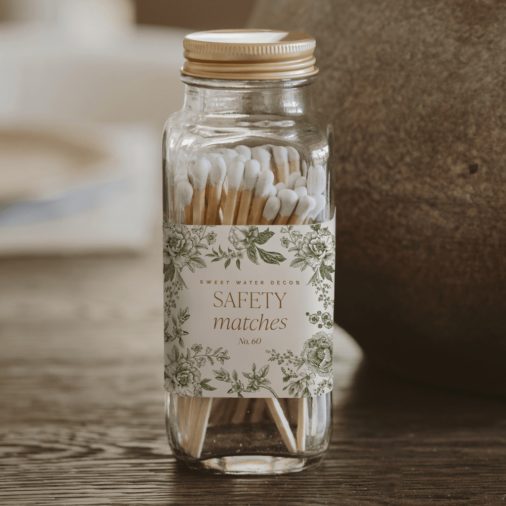 Green Delft White-Tip Safety Matches in Glass Jar – 60 Count