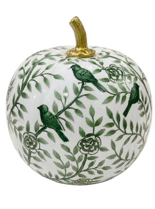 Green Bird & Vine Hand-Painted Metal Pumpkin – 8-Inch