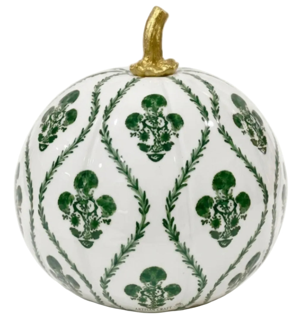 Green Heritage Medallion Hand-Painted Metal Pumpkin – 10-Inch