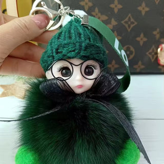 Cute Plush 3D Sleeping Baby Dolls Keychain Bag Charms with Fox Fur Pompoms