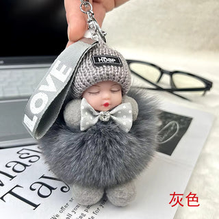 New Style Real Fox Fur Ball Pendant with Cute Sleeping Doll and Bowtie