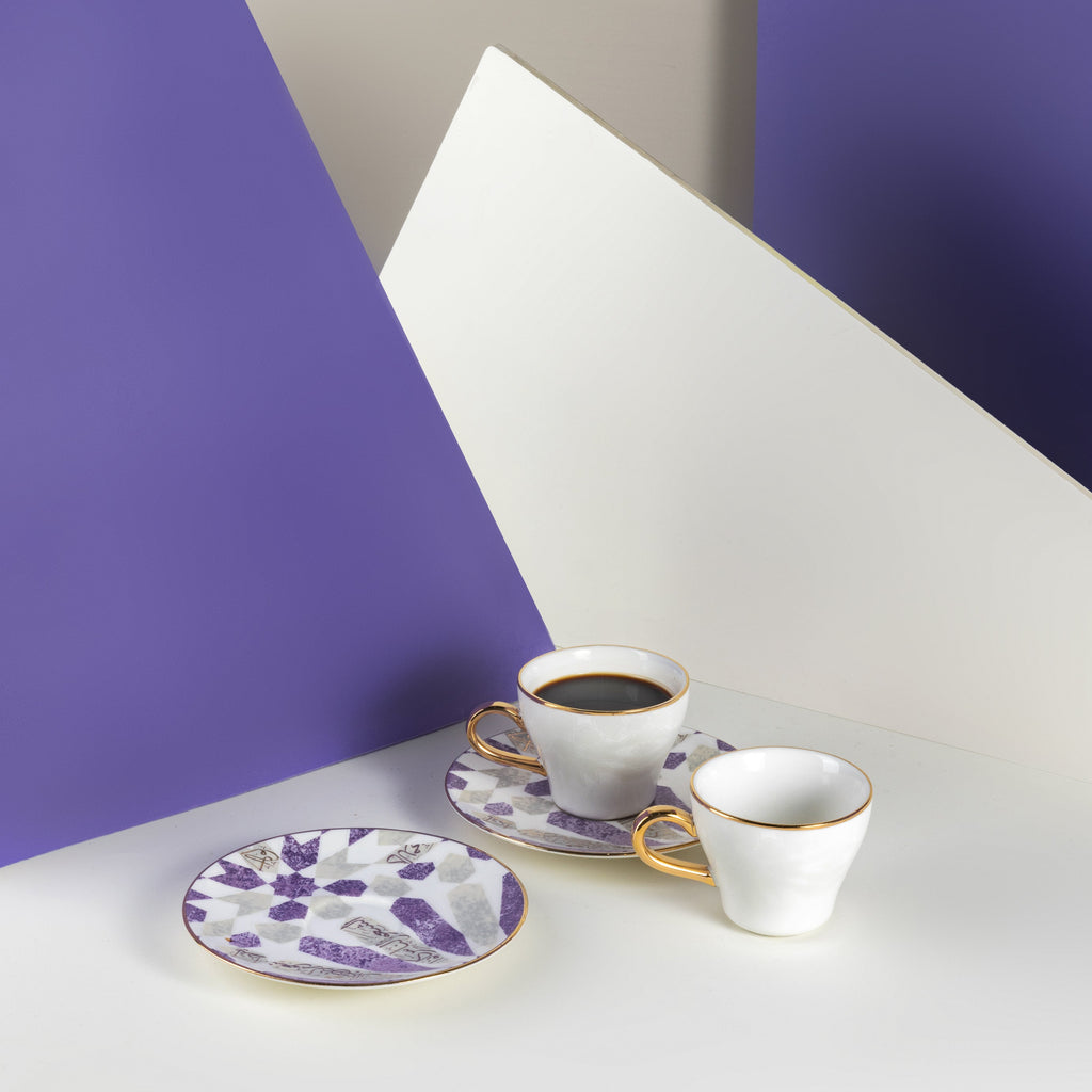 Amal Turkish Coffee & Espresso Cup Set (4-Pc) – Purple & Gold Luxury Bone China