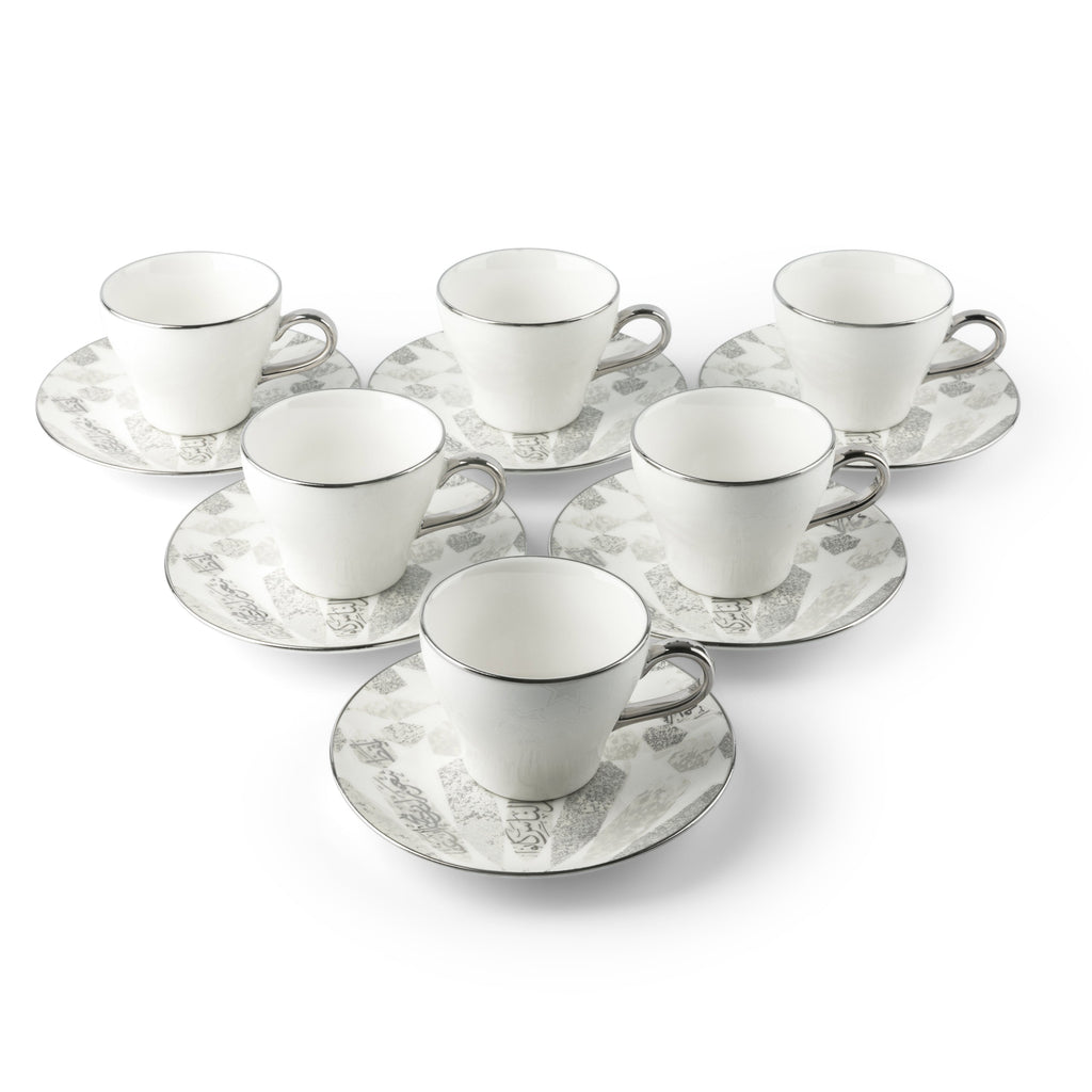 Amal Turkish Coffee & Espresso Cup Set (12-Pc) – Grey & Silver Luxury Bone China