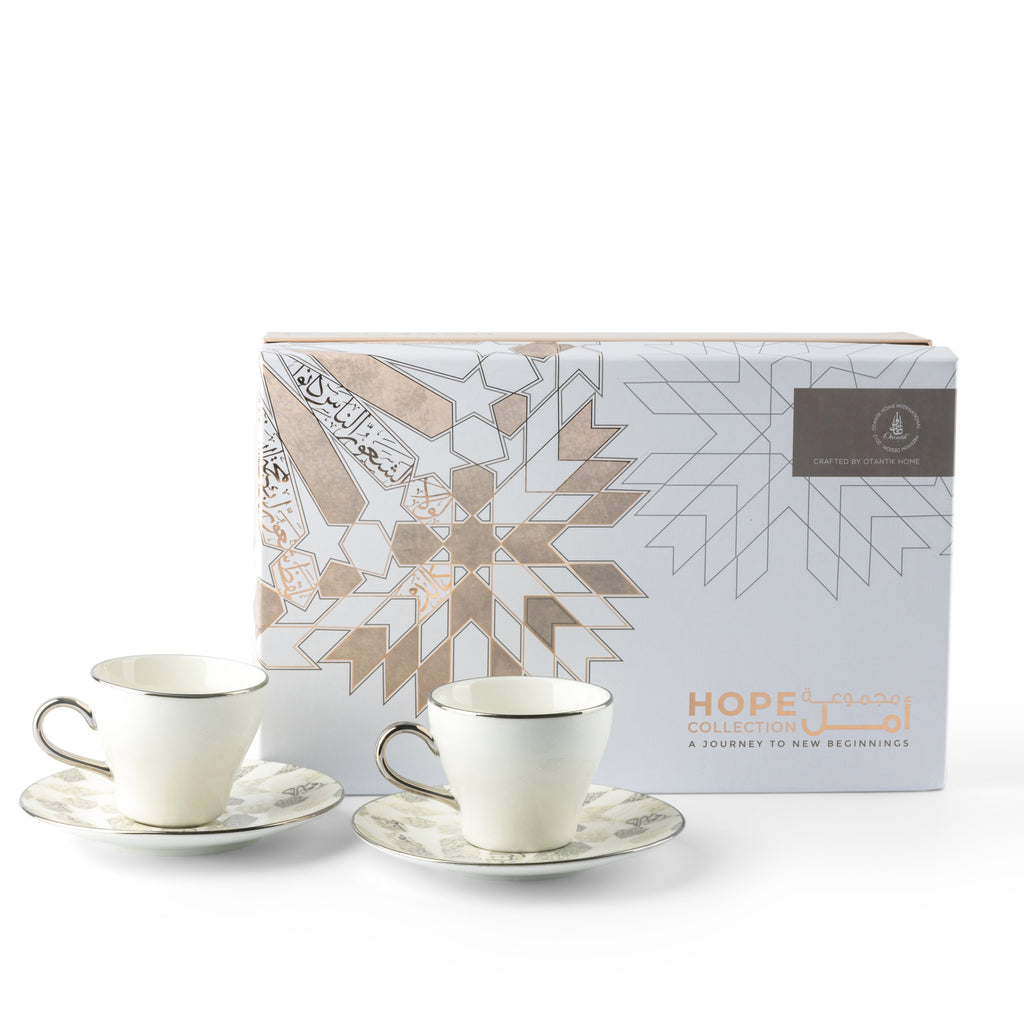 Amal Turkish Coffee & Espresso Cup Set (12-Pc) – Grey & Silver Luxury Bone China