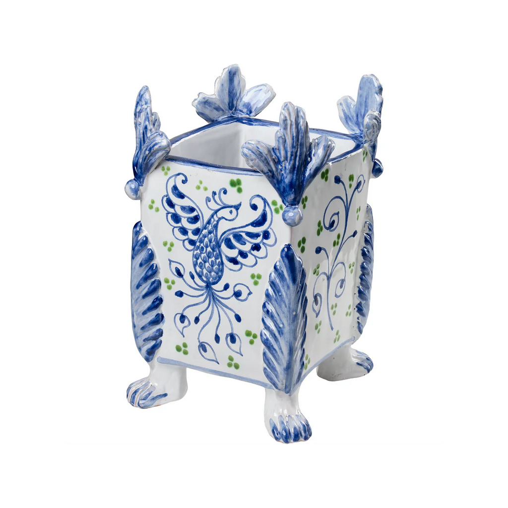 Garden Party Cachepot with Blue Phoenix / Green Leaves – Handmade Italian Ceramic Planters