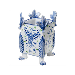 Garden Party Cachepot with Blue Phoenix / Green Leaves – Handmade Italian Ceramic Planters