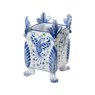 Garden Party Cachepot with Blue Phoenix / Green Leaves – Handmade Italian Ceramic Planters