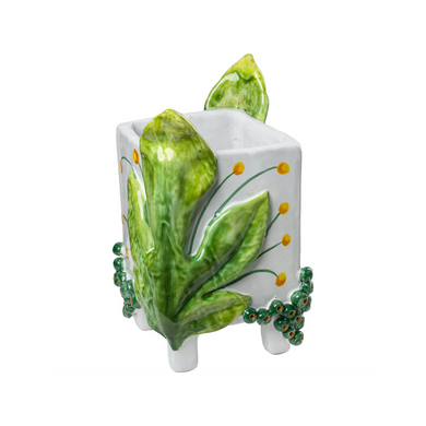 Garden Party Cachepot with Blue Phoenix / Green Leaves – Handmade Italian Ceramic Planters