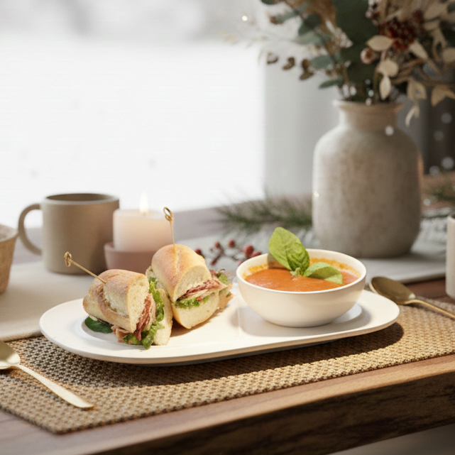 Soup and Sandwich Plate Set of 4 | White Porcelain Divided Serving Plate