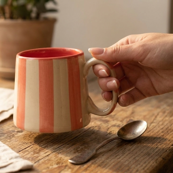 Ceramic Pink Stripe Coffee Cup Set of 4