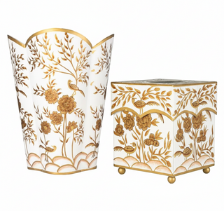 Ivory & Gold Pheasant Wastepaper Basket & Tissue (3 Options) | Elegant Bath Décor