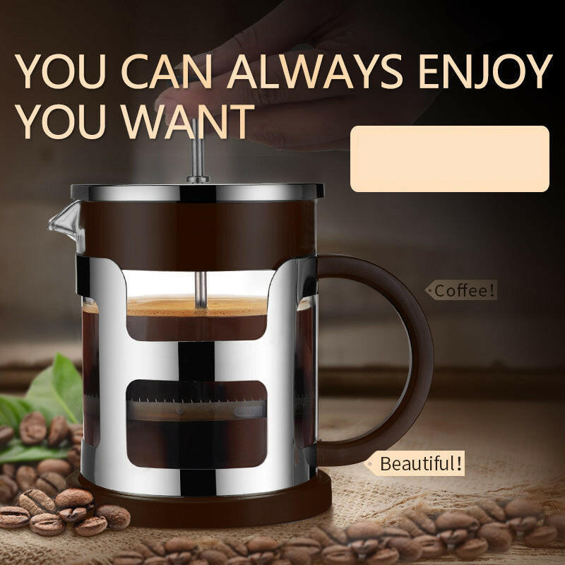 French press coffee maker with coffee beans and text 'You can always enjoy you want'