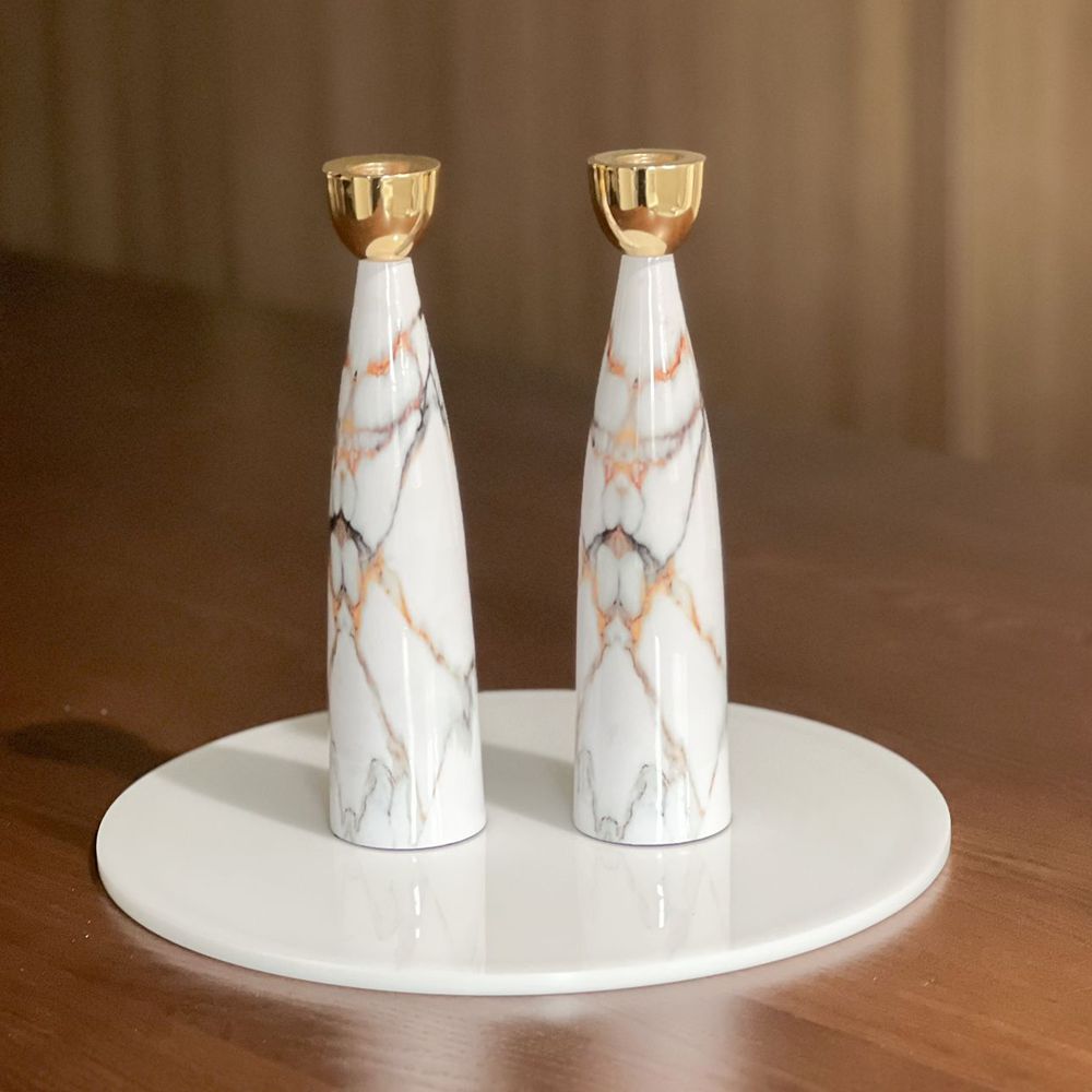 Gold Marble Candlesticks with Gold Holders – Set of 2