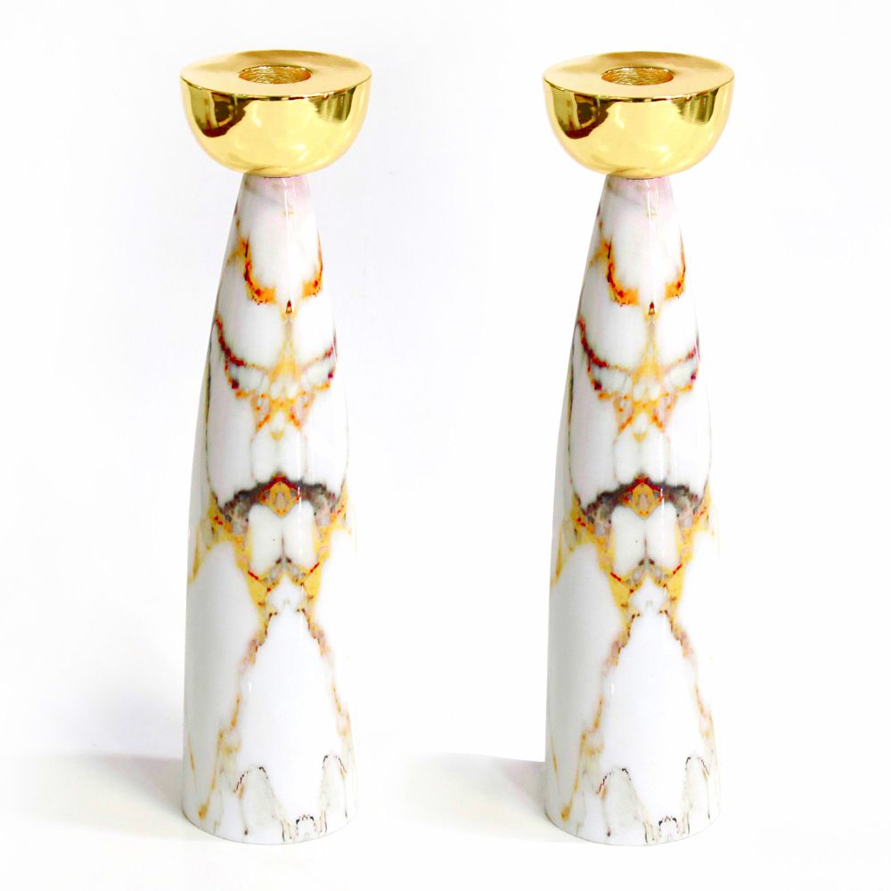 Gold Marble Candlesticks with Gold Holders – Set of 2