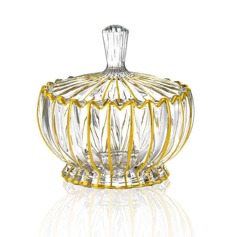Gold-Trimmed Fluted Glass Dish with Lid