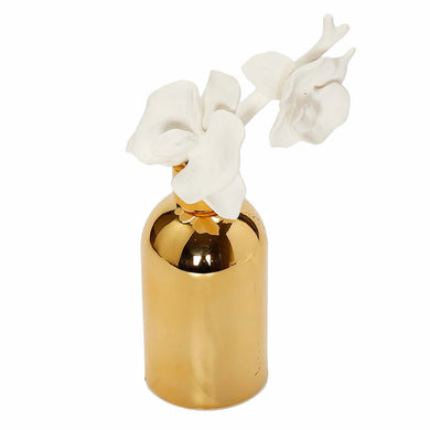 Gold Bottle Diffuser with Gold Cap and White Flower, 
