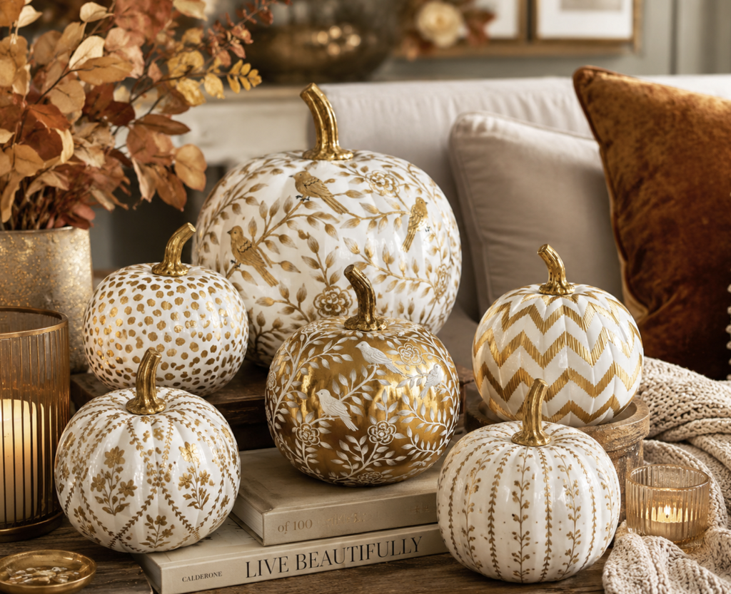 Gold Bird & Vine Silhouette Metal Pumpkin – Available in Two Sizes