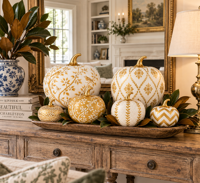 Gold Bird & Vine Silhouette Metal Pumpkin – Available in Two Sizes