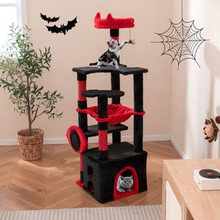 Gothic Cat Tree with Plush Perch, Hammock and Spider Toy – Black & Red