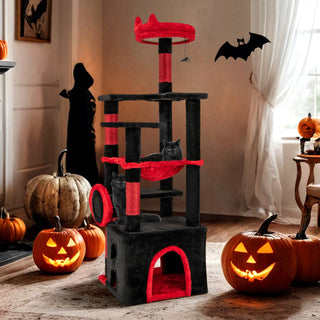 Gothic Cat Tree with Plush Perch, Hammock and Spider Toy – Black & Red