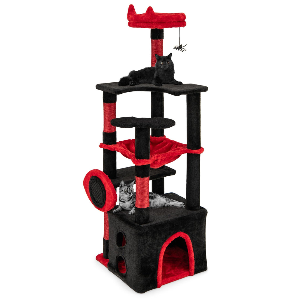 Gothic Cat Tree with Plush Perch, Hammock and Spider Toy – Black & Red