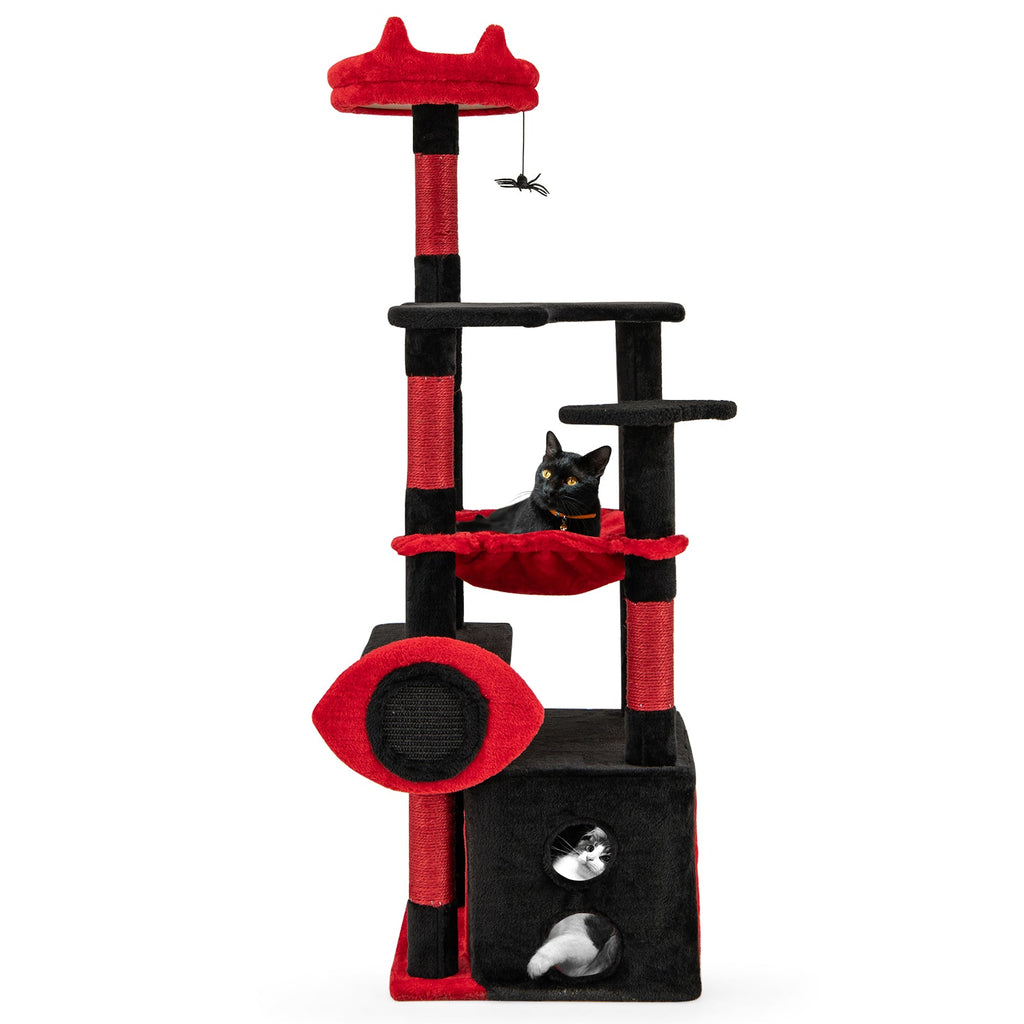 Gothic Cat Tree with Plush Perch, Hammock and Spider Toy – Black & Red