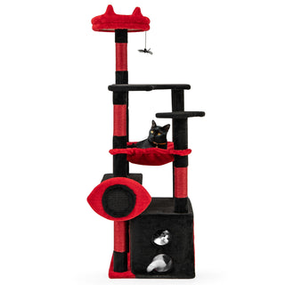 Gothic Cat Tree with Plush Perch, Hammock and Spider Toy – Black & Red