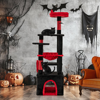 Gothic Cat Tree with Plush Perch, Hammock and Spider Toy – Black & Red