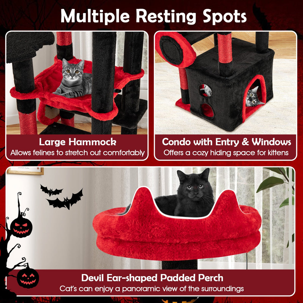 Gothic Cat Tree with Plush Perch, Hammock and Spider Toy – Black & Red