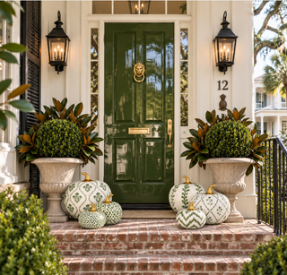 Green Bird & Vine Hand-Painted Metal Pumpkin – 8-Inch