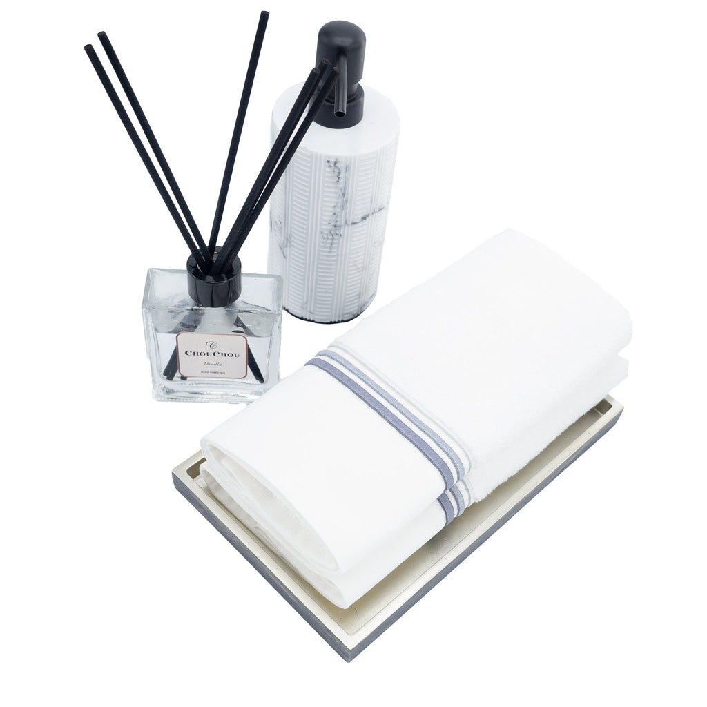 Turkish Cotton Guest Towels with Gray Stripe French Borders – Set of 2